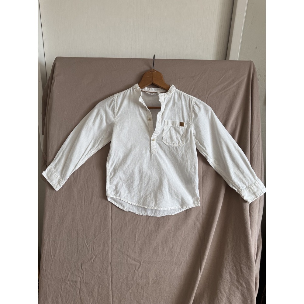 H&M Shirt Boys 6 White Long Sleeve Linen‎ Blend Henley Button Casual Pocket